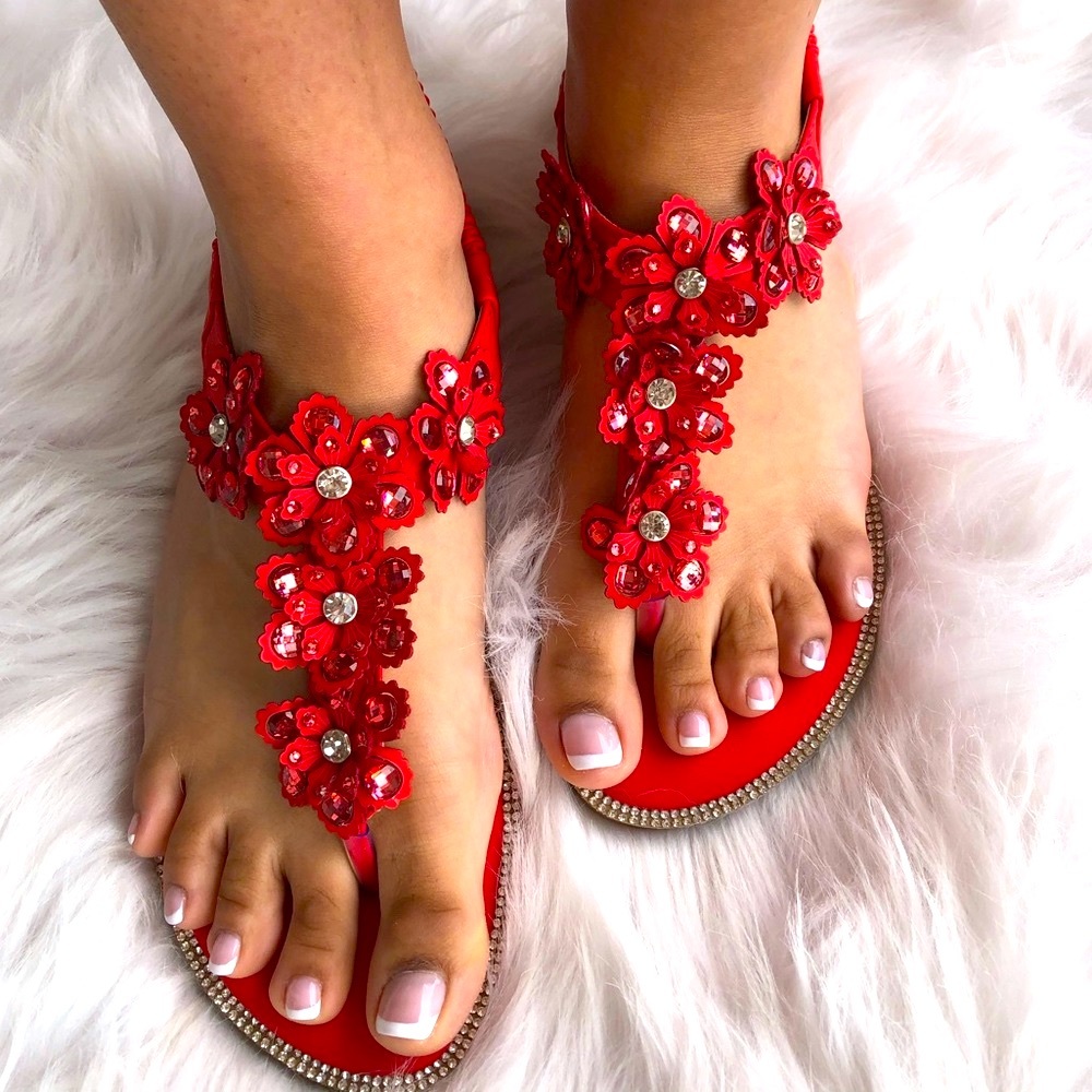 Red Flower Italina Rhinestone Thong Wedge Sandal